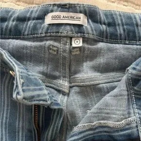 Good American Porkchops Cuttoff Blue Striped Jean Shorts 3” Inseam Women’s 16 - Picture 4 of 5